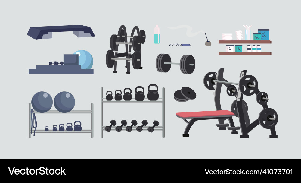 Fitnessgeräte flache Farbobjekte Set Fitnessgeräte flache Farbobjekte Set vektorbild