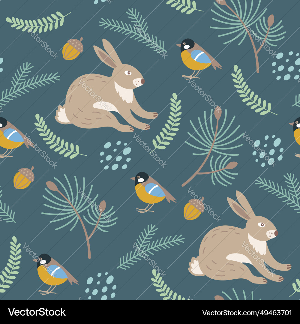 Pattern with green fir branch acorn and rabbit vector image