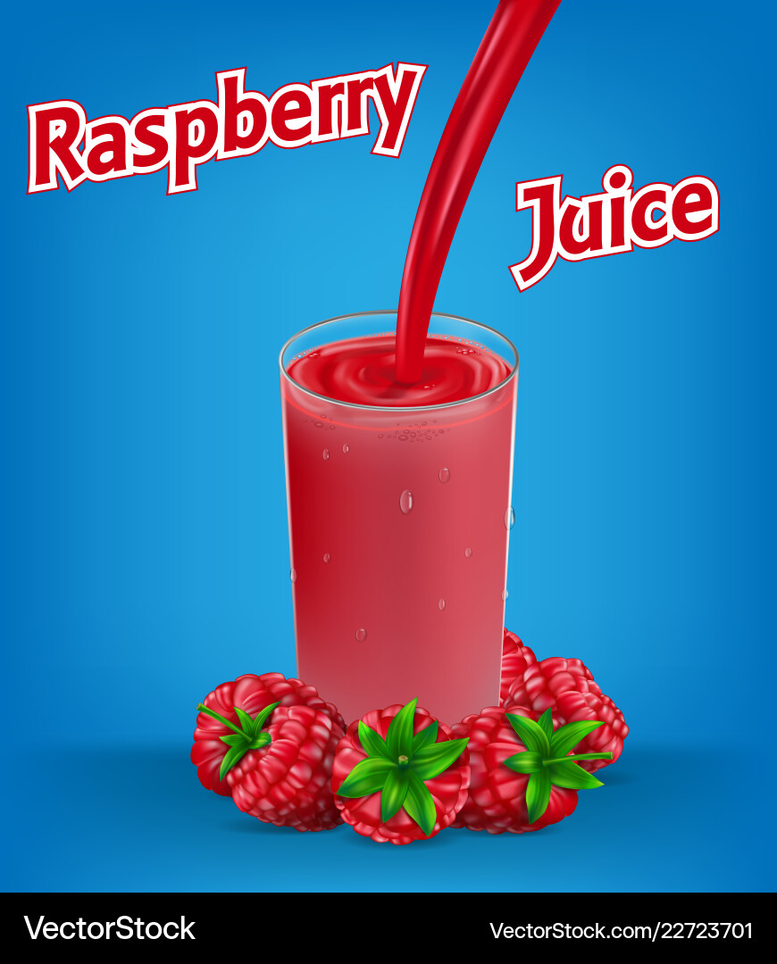 Raspberry juice ad with splash isolated on blue Raspberry juice ad with splash isolated on blue vector image