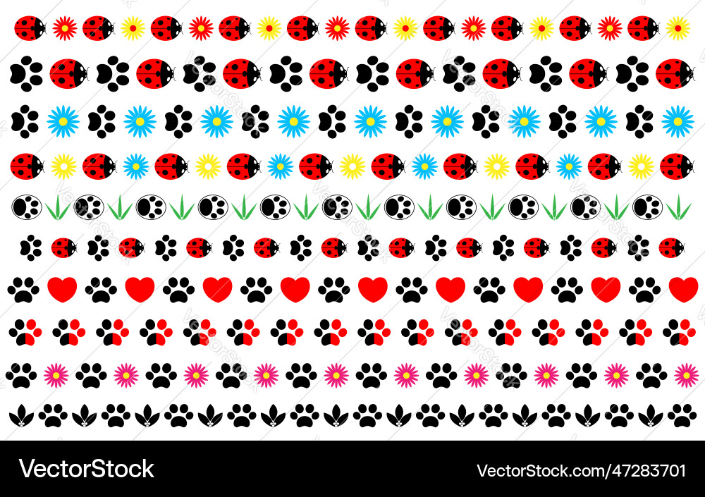 Set dividers with paw prints animal and ladybugs Vector Image