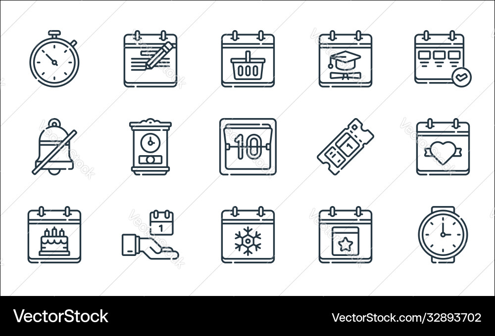 Calendar and date line icons linear set quality Calendar and date line icons linear set quality vector image