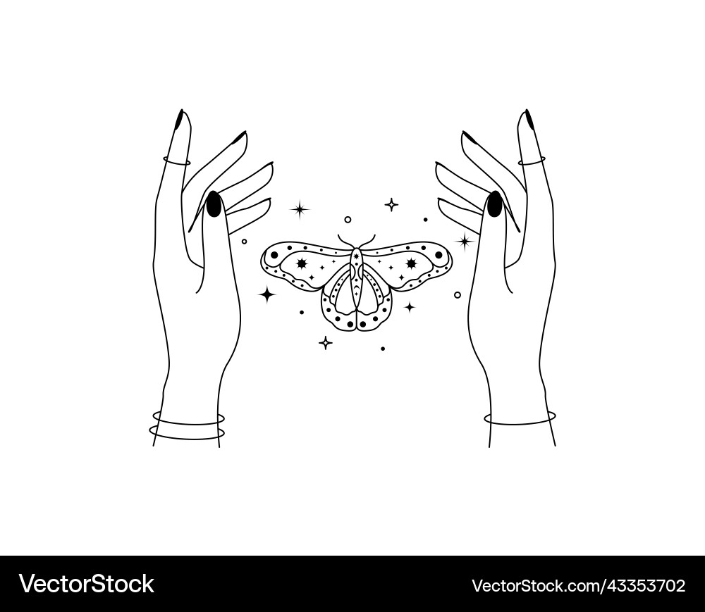 Magic hands with night moth in line art style vector image