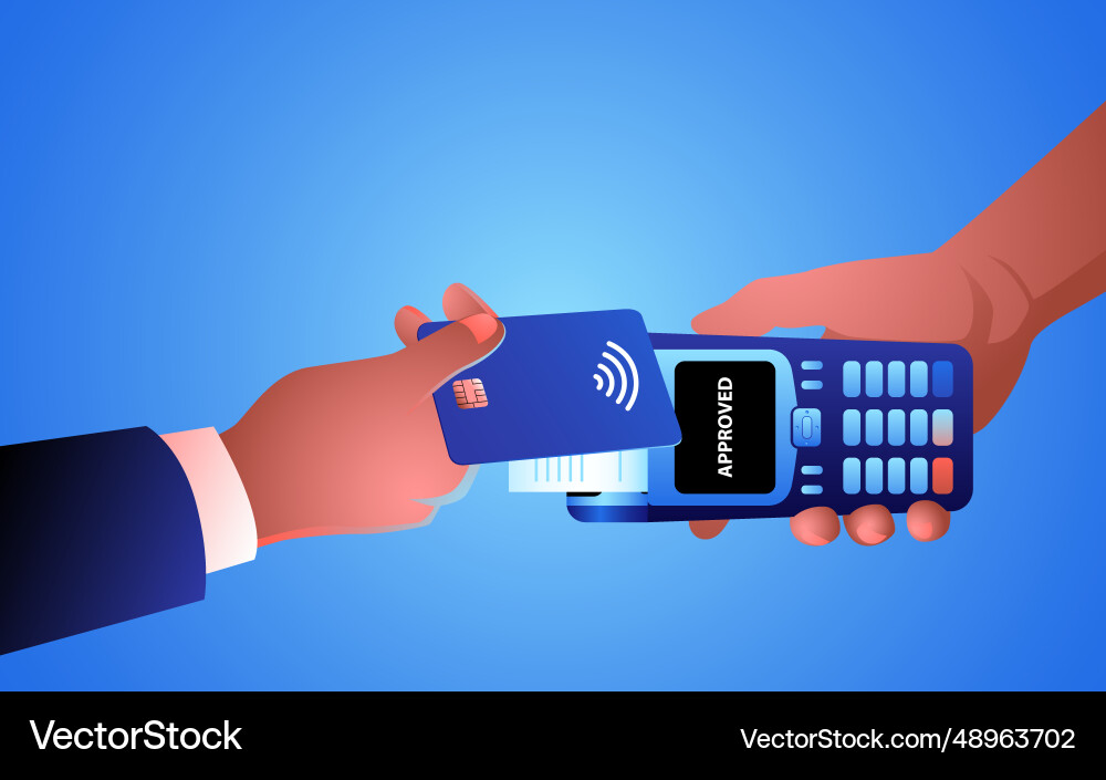Man using nfc technology from his card to make Man using nfc technology from his card to make Vector Image