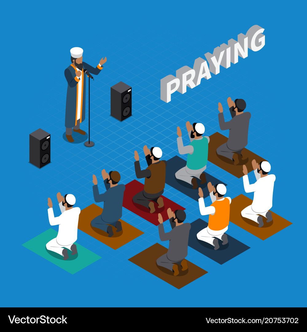 Praying in islam isometric composition Royalty Free Vector