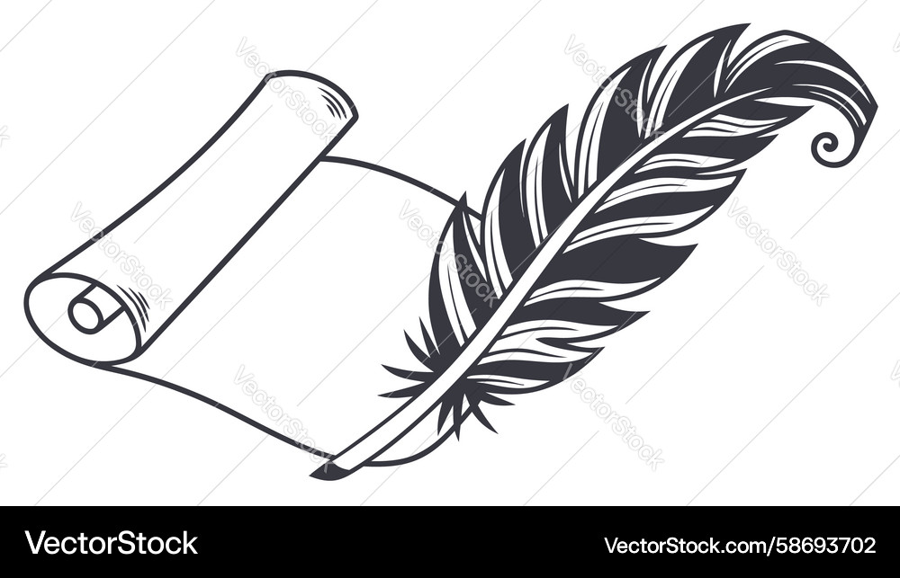 Quill feather with ancient scroll writing Vector Image
