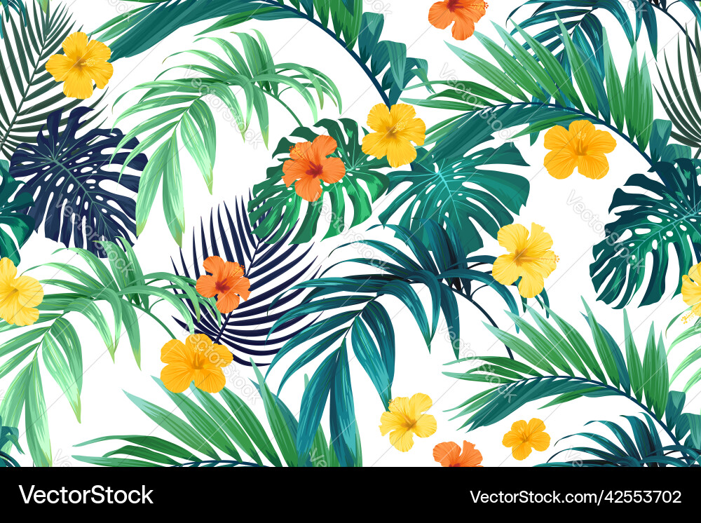 Tropical Hibiscus Palm Pattern Vector Image
