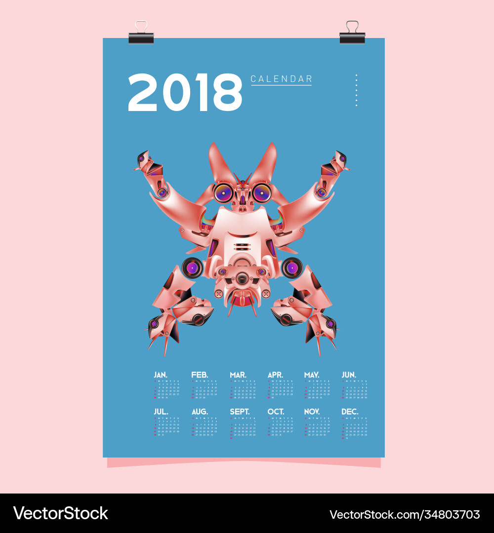 2018 calendar design template 3d realistic robot 2018 calendar design template 3d realistic robot vector image
