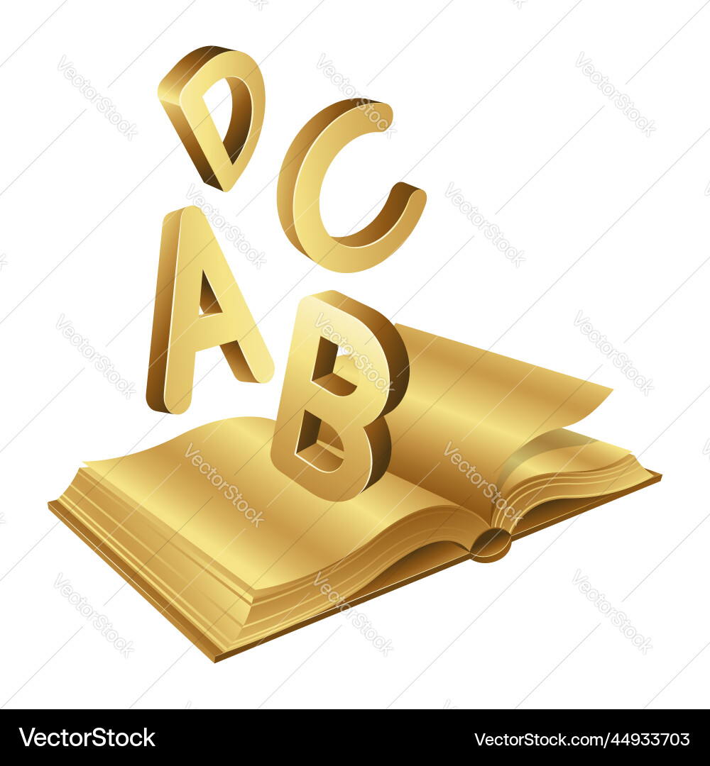 Golden open book with letters a b c d on white Golden open book with letters a b c d on white Vector Image