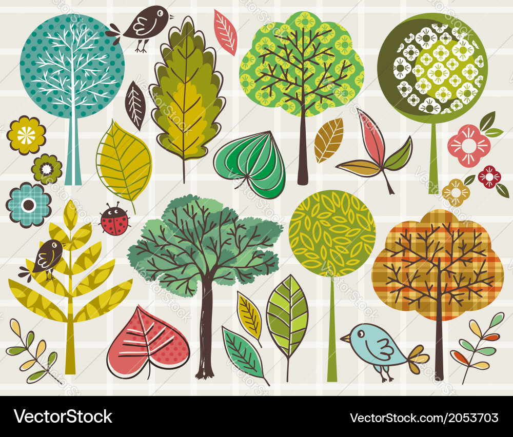 Hand draw trees and leafs over checked background vector image