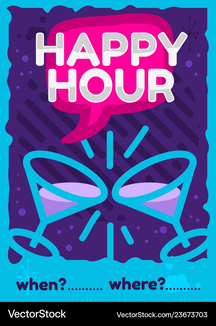 Happy hour poster flyer design pink sky blue Happy hour poster flyer design pink sky blue vector image