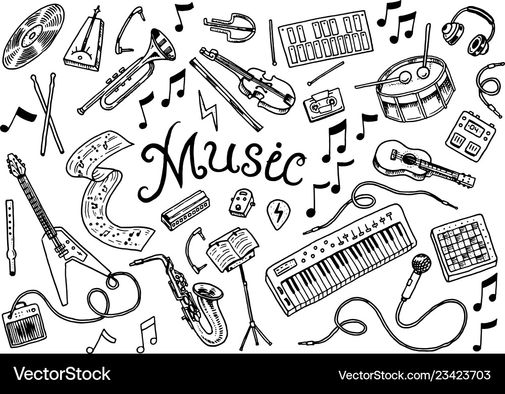 Set of musical symbols and icons guitar drums Set of musical symbols and icons guitar drums vector image