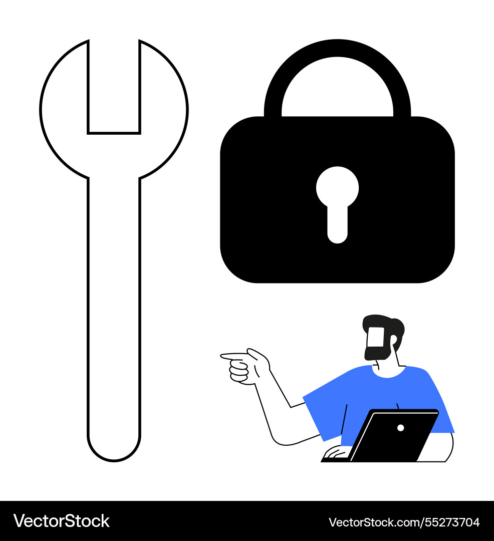 Man with laptop points at combination of wrench Man with laptop points at combination of wrench vector image