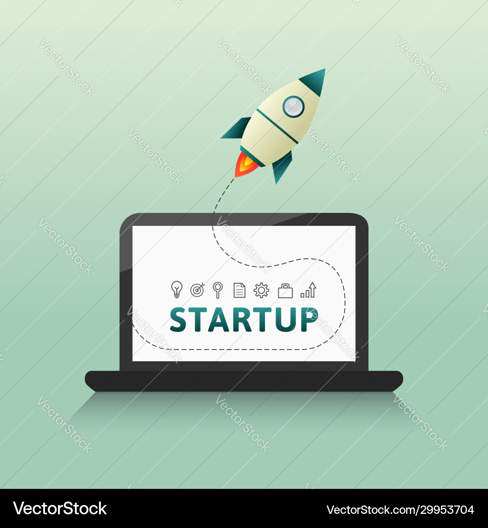Startup launch concept with rocket and computer Vector Image