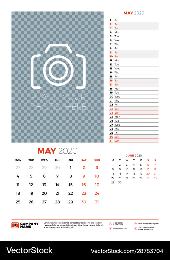 Wall calendar planner template for may 2020 week Wall calendar planner template for may 2020 week vector image