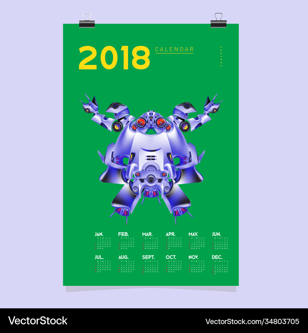 2018 calendar design template 3d realistic robot 2018 calendar design template 3d realistic robot vector image