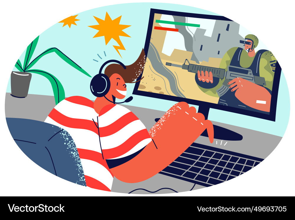 Child play video game on computer Child play video game on computer Vector Image