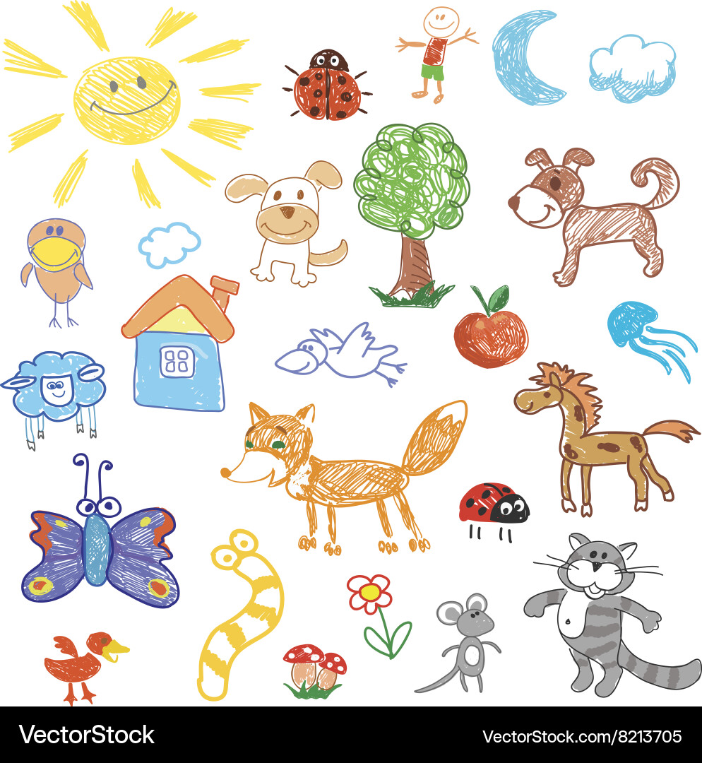 Children drawing doodle animals trees vector image