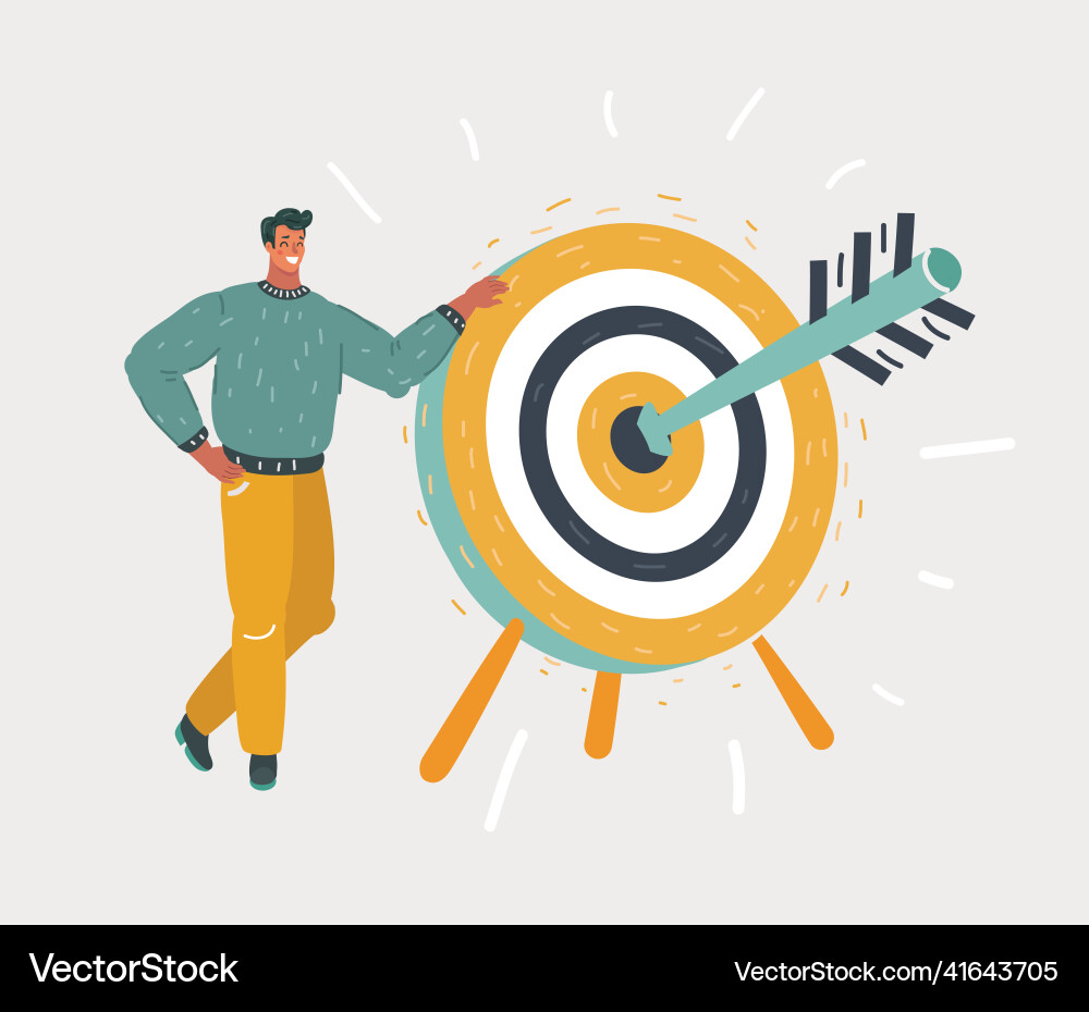 Man holding dart board with direct hit on target Man holding dart board with direct hit on target vector image