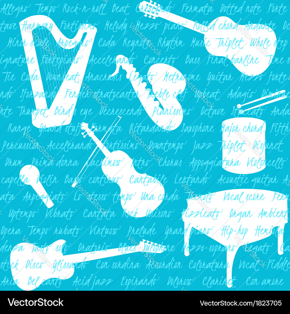 Seamless pattern with musical instruments and text vector image