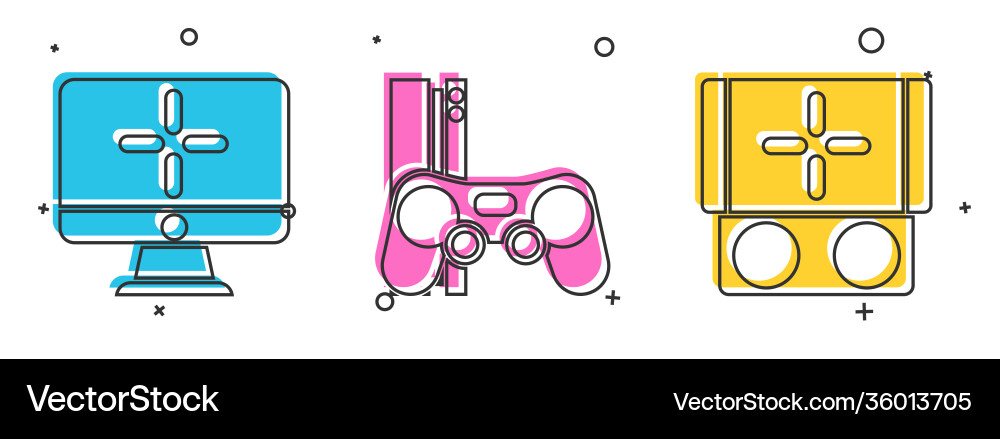 Set computer monitor game console with joystick vector image