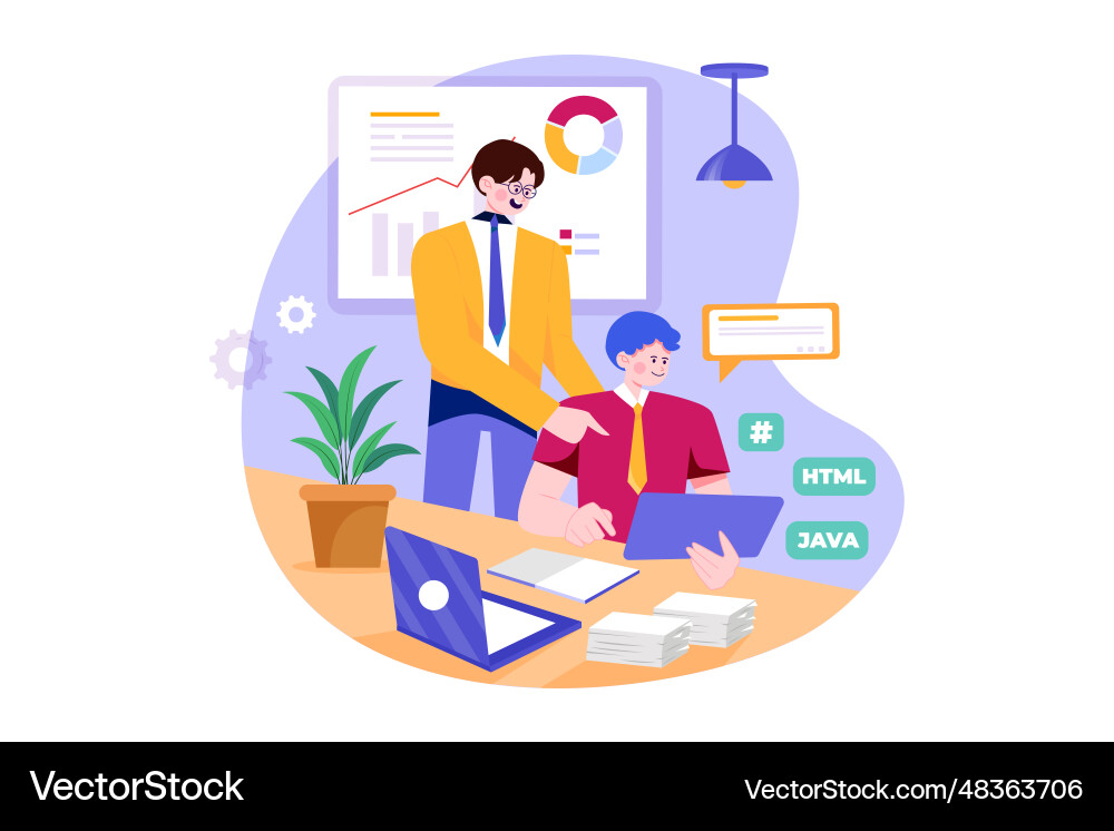 Two guys are working with files and data Vector Image