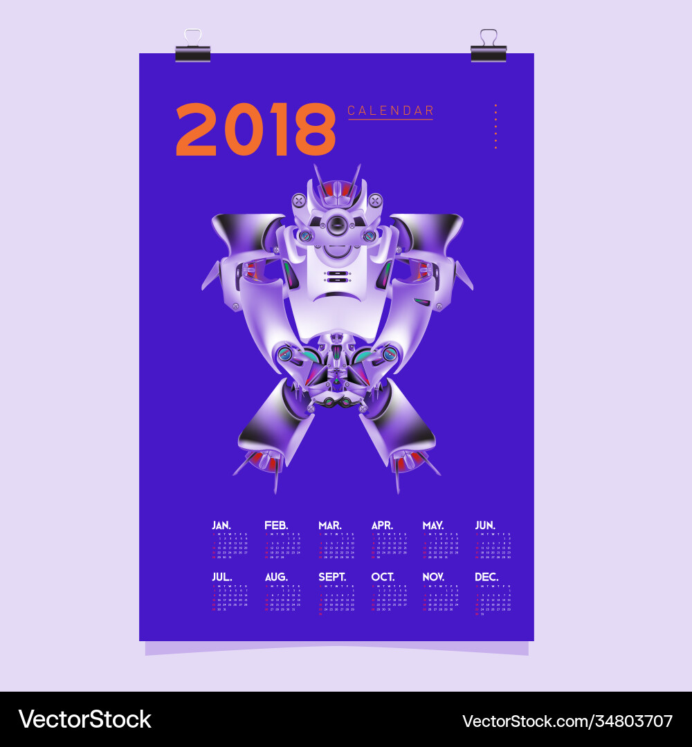 2018 calendar design template 3d realistic robot vector image