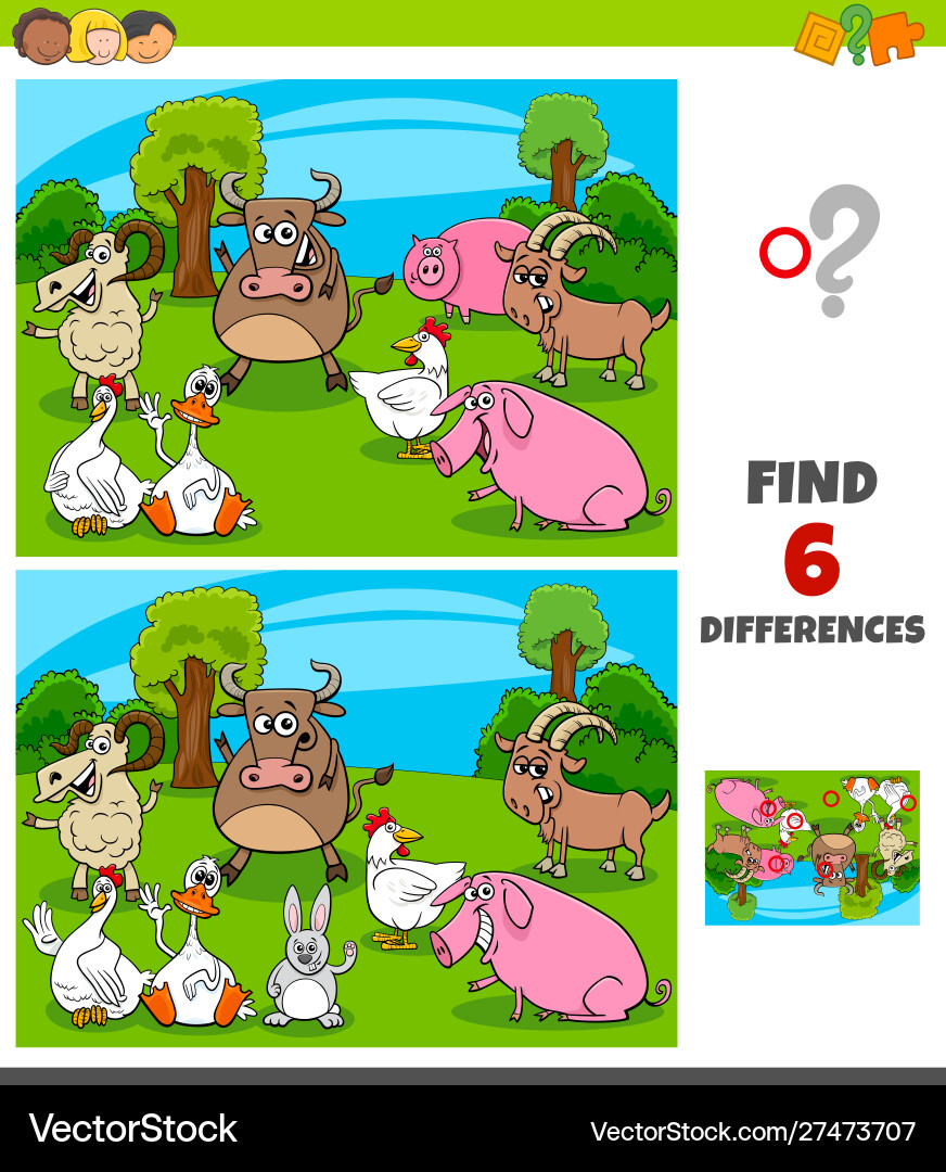 Differences game with farm animal characters Differences game with farm animal characters vector image