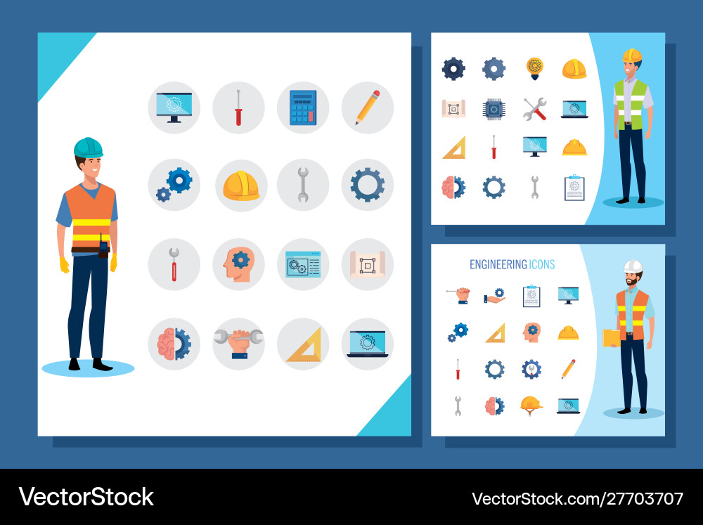 Engineer men with set icons working Engineer men with set icons working vector image