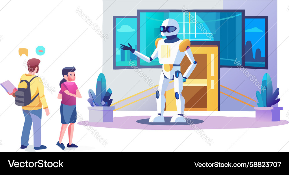 Robot assisting shoppers in a store automated Vector Image