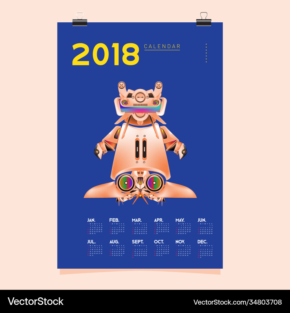 2018 calendar design template 3d realistic robot 2018 calendar design template 3d realistic robot vector image