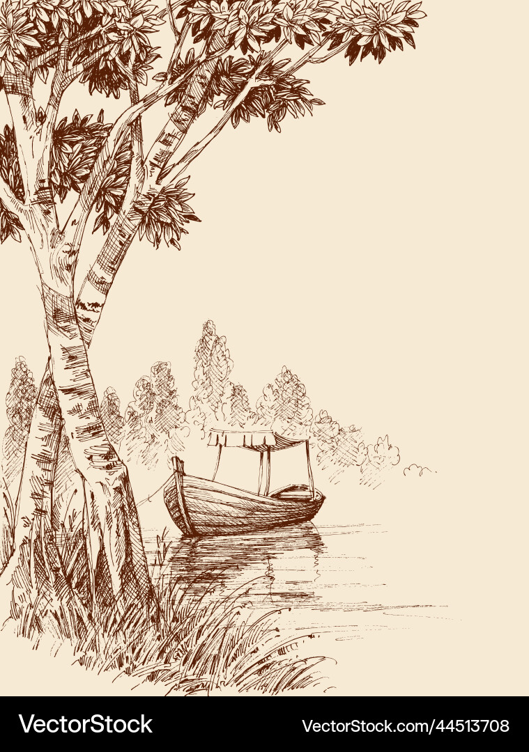 Empty boat tied on shore the lake relaxation Empty boat tied on shore the lake relaxation vector image