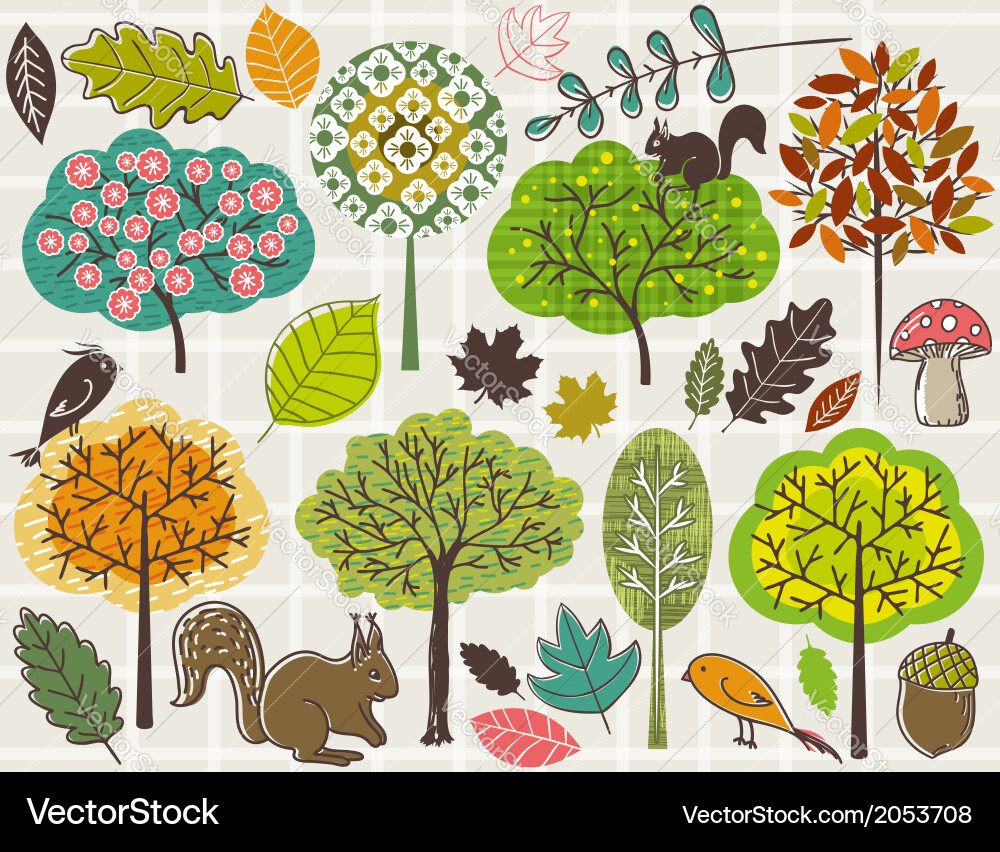 Hand draw trees and leafs over checked background vector image
