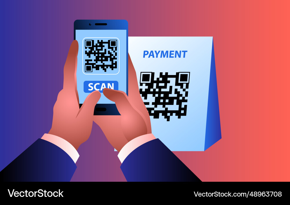 Man using his mobile phone to scan a qr code Man using his mobile phone to scan a qr code Vector Image