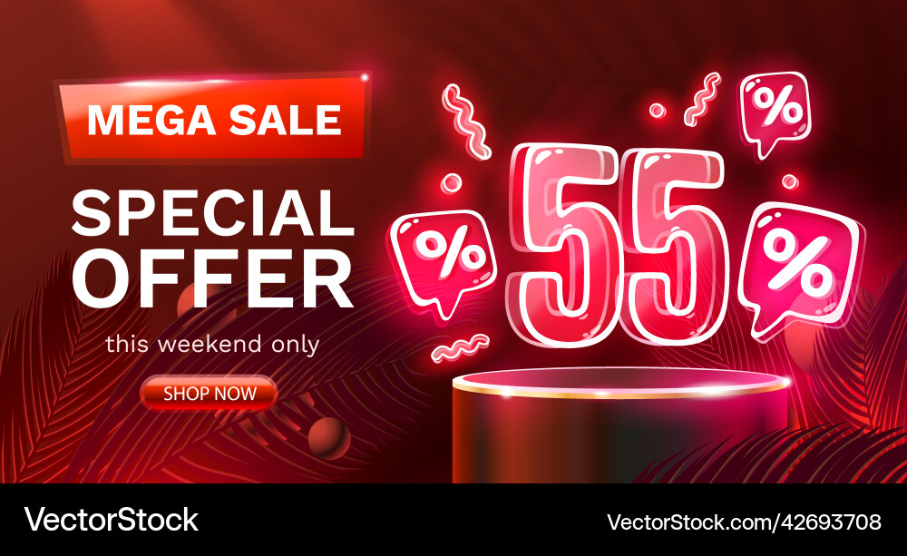 Mega sale special offer neon 55 off banner Mega sale special offer neon 55 off banner vector image