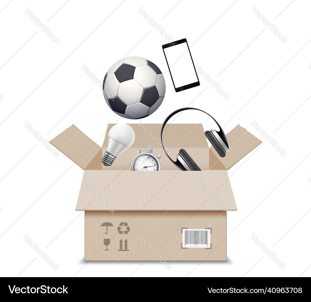 Opened cardboard box with things inside vector image