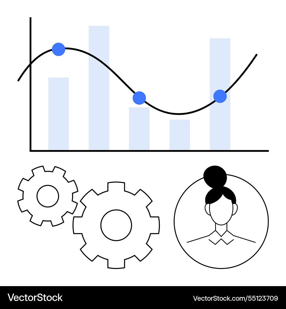 Business analytics chart with bar graphs and gears Vector Image