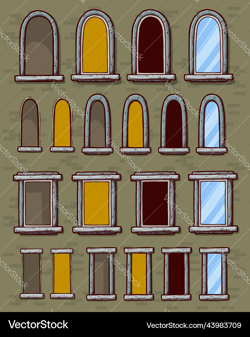 Cartoon verschiedene Fenster im Rahmen auf einem Steinwal Cartoon verschiedene Fenster im Rahmen auf einem Steinwal vektorbild