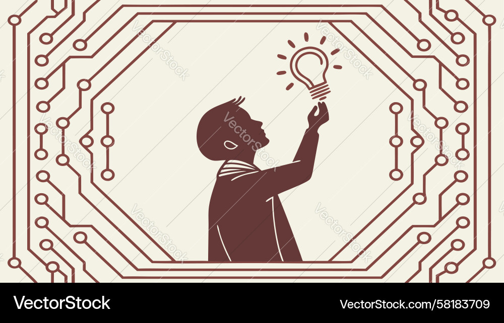 Contemplative Thinker with Lightbulb Circuit Vector Image