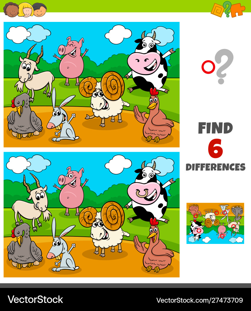 Differences game with funny farm animal characters Differences game with funny farm animal characters vector image