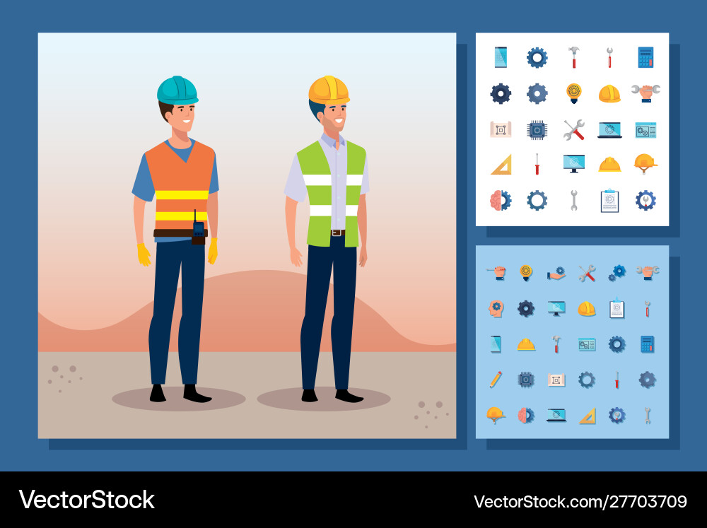 Engineer men with set icons working Engineer men with set icons working Vector Image