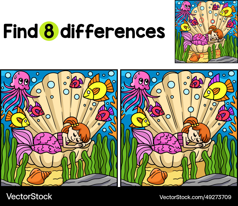 Mermaid sleeping in a shell find the differences Vector Image