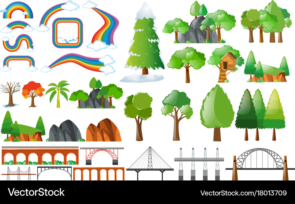 Rainbows trees and design elements vector image