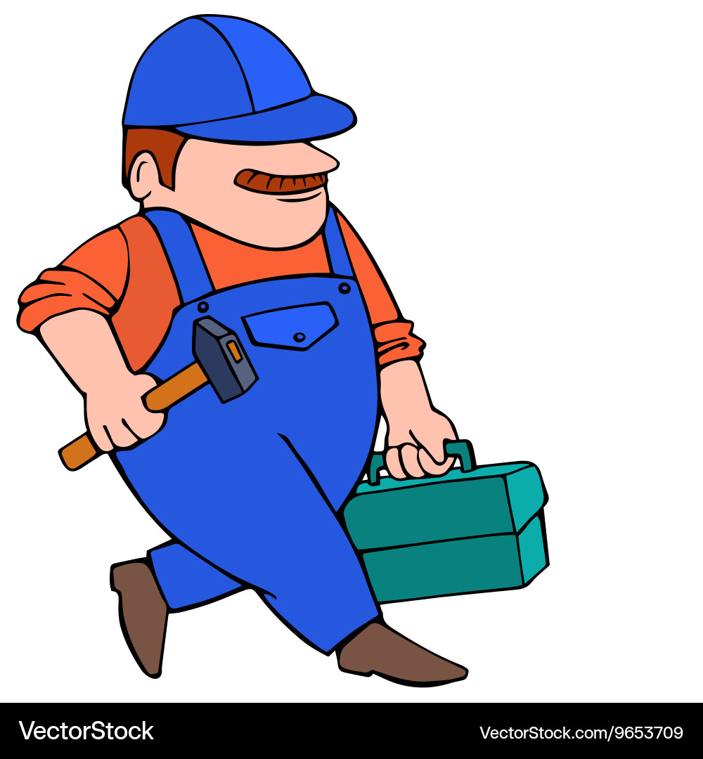 Worker in cap going with hammer and tool box Vector Image