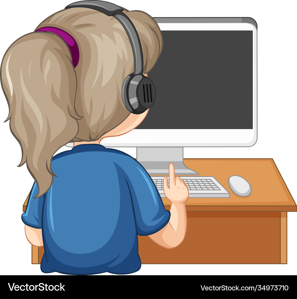 Back view a girl with computer on table Back view a girl with computer on table vector image