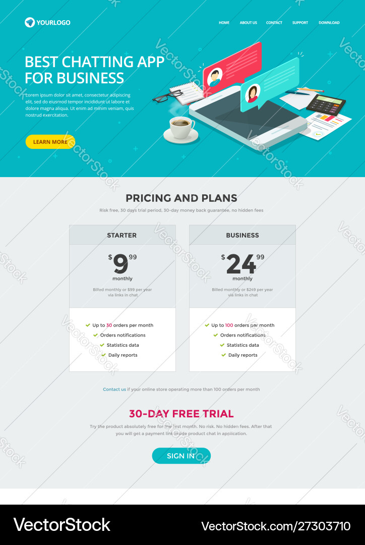 Website template design chat messaging app Website template design chat messaging app vector image