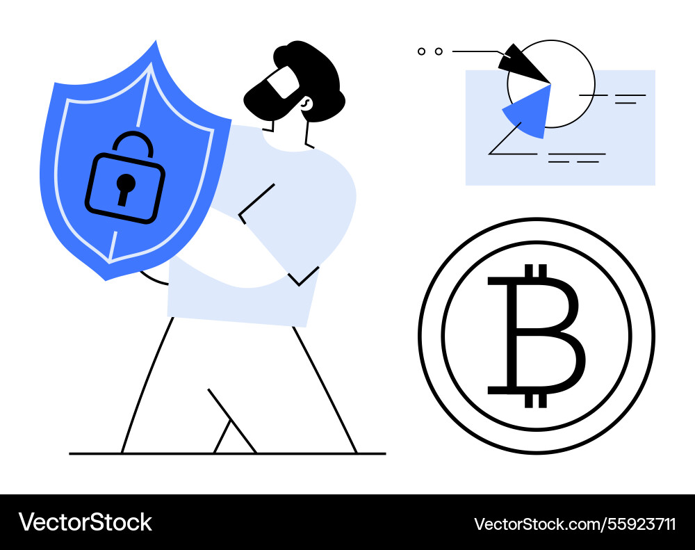 Man holding shield with lock symbol near bitcoin Man holding shield with lock symbol near bitcoin vector image