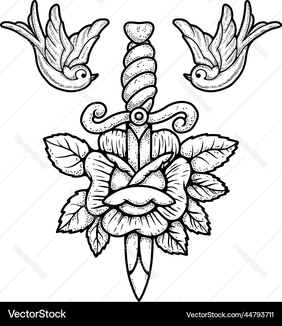 Tattoo Dagger with Rose and Swallows vector image
