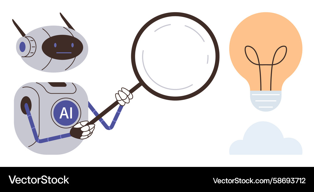 AI Robot Analyzing Lightbulb Vector Image