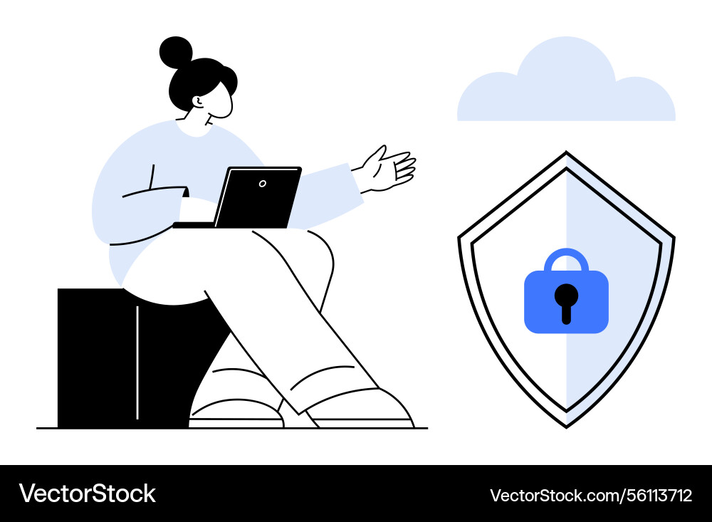 Frau über Cybersicherheitsmaßnahmen Frau über Cybersicherheitsmaßnahmen vektorbild