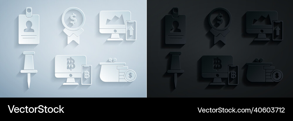 Set computer monitor with mobile phone and bitcoin vector image